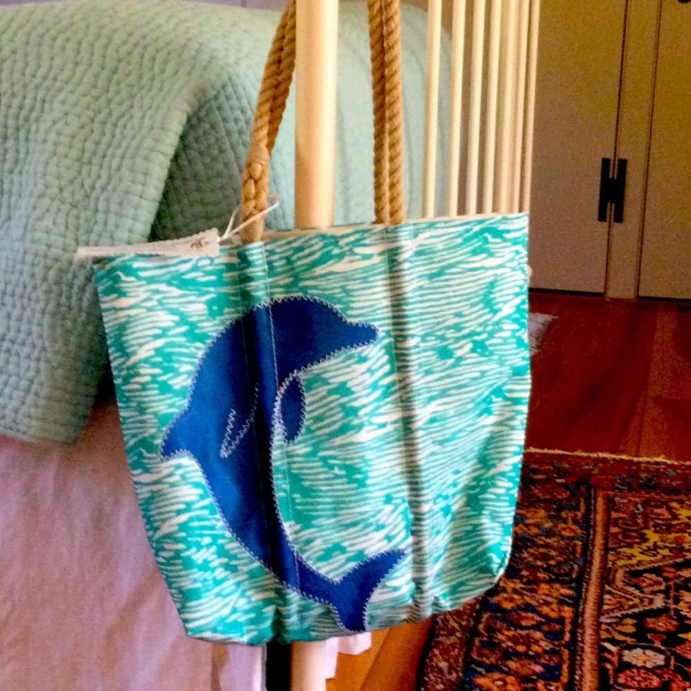 Maine Sea Bag New with tags Medium turquoise navy dolphin design recycled sails